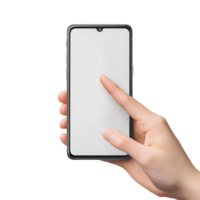 A person tapping on a blank mobile phone screen mockup held in their hand against a minimal background, Mobile phone screen mockup, finger touching, tapping on smartphone isolated on transparent png