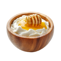 Delicious honey drizzled over creamy yogurt served in a rustic wooden bowl on a bright transparent background, Honey with yogurt in a wooden bowl on a transparent background png