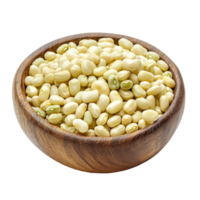 Peeled split mung beans in a wooden bowl on a clean surface, ideal for healthy cooking and meal preparation, Peeled split mung beans in wood bowl isolated on transparent background png