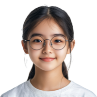 Young Asian student girl with glasses smiling happily while posing for a portrait in a bright indoor setting, Young Asian student girl wearing glasses isolated on transparent background png
