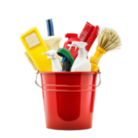 Cleaning supplies and tools arranged in a red bucket on a transparent background for effective home maintenance and cleaning tasks, Cleaning Supplies and Tools in Bucket on transparent background png