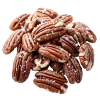 Salted pecan nuts arranged beautifully on a clean transparent background for a simple yet elegant look, Pecan nuts topped with light salt isolated on transparent background png