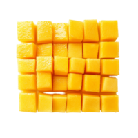 Fresh mango slices cut into perfect cubes on a transparent background showcasing vibrant yellow color and texture, Mango slice cut to cubes isolated on transparent background png