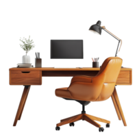 Stylish wooden workspace with a leather armchair, desk lamp, and modern computer setup in a minimalist environment, Stylish Wooden Workspace with Leather Armchair and Modern Lamp on transparent png