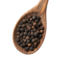 Szetchwan pepper resting in a wooden spoon isolated against a clean transparent background for culinary use, Szetchwan pepper in wood spoon on transparent background png