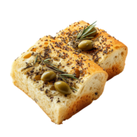 Sliced olive and herb bread on a clean transparent background showcasing fresh ingredients and enticing textures, Olive and herbs sliced bread isolated png