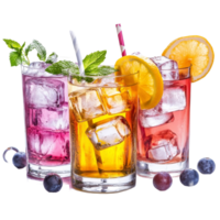 Refreshing summer drinks adorned with ice and fruit slices, perfect for hot days by the pool or beach, Summer drinks with ice on transparent background png