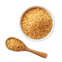 Discover the nutritious benefits of wheat germ in a bowl with a wooden scoop on a clean transparent background, Wheat germ in a bowl and scoop on transparent background png
