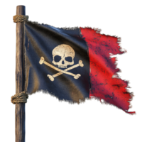 The flag features a classic skull and crossbones design, tattered and worn, signifying a pirates presence, Pirate flag isolated on transparent background png