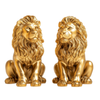 Elegant colored gold sitting lion sculptures displayed in a bright setting, embodying strength and luxury for home decor, two Gold Sitting Lion 3d Sculpture isolated on transparent background png