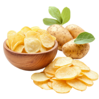 Fresh potatoes and a bowl of crispy potato chips arranged together for culinary delight in a neutral setting, Potato and crispy potato chips isolated png