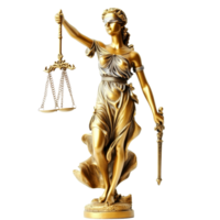 Statue of the Lady of Justice holding scales and a sword on a transparent background, representing fairness and lawfulness, Statue of Lady of justice on transparent background png