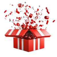 Colorful surprise gifts bursting from an open red box against a transparent background, Gifts bursting out from red open gift box over transparent background png