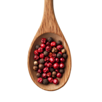 Red peppercorns displayed in a wooden spoon on a clean transparent background, perfect for culinary use, Red peppercorn in wood spoon on transparent background png