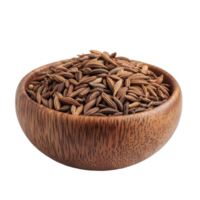 Caraway seeds in a wooden bowl on a transparent background showcasing the natural appeal of culinary spices, Caraway seeds in wood bowl isolated on transparent background png