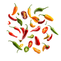 Colorful assortment of chillies floating in the air against a transparent background, Various chillies floating on the air isolated on transparent backgroud png