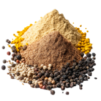 A selection of aromatic spice powders arranged in a colorful display on a transparent background, Top view aromatic spices seasonings powder isolated on transparent background png
