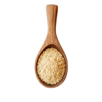 Millet grains in a wooden scoop on a transparent surface highlighting their neutral color and natural texture, Millet in wood scoop on transparent background png