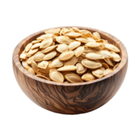Pumpkin seeds in a wooden bowl on a transparent background for healthy snacking and culinary uses, Pumpkin seeds in wood bowl isolated on transparent background png