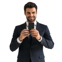 Businessman in a suit smiling while taking pictures with his smartphone against a plain background, Businessman taking pictures with his smartphone file no background png
