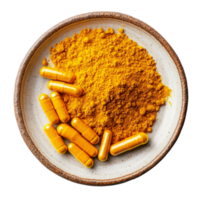 Turmeric powder and capsules arranged on a plate for natural health benefits and dietary supplementation, Turmeric powder and turmeric capsules in a plate on transparent background png