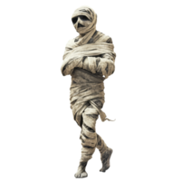 A terrifying ancient mummy wrapped tightly in bandages walking through an eerie landscape under a dark sky, scary mummy wrapped in bandages, file of isolated object with shadow on transparent png