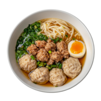 Delicious bowl of bakso with meatballs, noodles, and boiled egg on a transparent background, bakso on bowl top view transparent background png