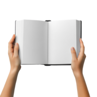 Hands holding an open blank hardcover book mockup against a light background, showcasing a minimalistic design, Hands holding open book mockup, blank hard cover mockup isolated on transparent png