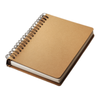 A closed brown paper notebook with a spiral binding resting on a flat surface capturing a simple yet natural aesthetic, Closed brown paper notebook. Realisticphotography isolated on transparent png