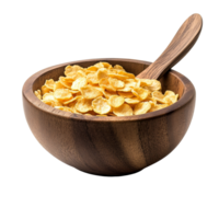 A wooden bowl filled with crunchy corn flakes and a spoon resting, set against a transparent background, corn flakes in wood bowl and spoon isolated on transparent background png