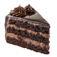 A rich chocolate cake slice on a transparent background showcasing layers of dark chocolate and icing for a tempting dessert experience, chocolate cake isolated on transparent background png