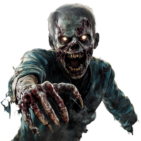 un' grottesco zombie emerge a partire dal un' buio sfondo, in mostra cariato carne e raggiante occhi, terrificante zombie su trasparente sfondo, orrore concetto, bandiera png