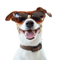 Happy dog enjoying summer vibes wearing stylish sunglasses against a clean transparent background, Funny happy dog wearing sunglasses transparent background png