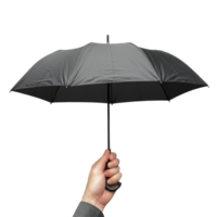Person holding a folded black umbrella against a plain transparent background on a cloudy day, Folded umbrella in hand and single isolated on transparent png