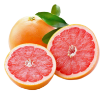 Freshly cut grapefruit showcasing vibrant pink flesh and green leaves against a clean transparent background, Grapefruit in transparent background format png