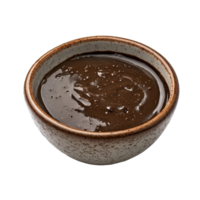 Mole poblano sauce in a textured bowl against a clean transparent background showcasing its rich color and smooth texture, mole poblano sauce on bowl isolated on transparent background png