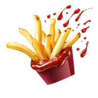 Delicious flying french fries with a splash of ketchup in an isolated setting, Flying french fries with ketchup splash isolated png