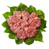 Freshly sliced beef resting on vibrant green leaves isolated on a clean transparent background, beef on leaves top view isolated on transparent background png