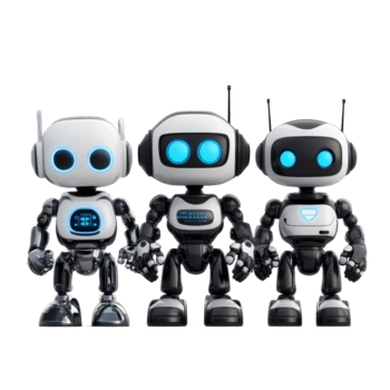 Friendly AI robots standing together on a transparent background, showcasing their distinct designs and features, Friendly AI Robots on transparent background png