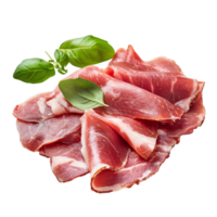 Italian raw speck meat with fresh basil leaves displayed on a transparent background for culinary presentation, italien raw speck meat isolated on transparent background png