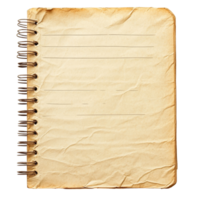 Blank spiral notebook with lined pages resting on a transparent background, showcasing its textured cover and aged appearance, Paper sheet notebook with line on transparent backgroundfile png