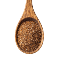 Brown teff grain in a wooden spoon resting on a clean transparent background showcasing natural textures and colors, Brown Teff Grain in wood spoon on transparent background png