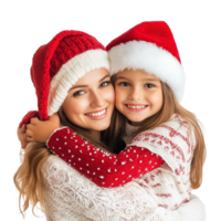 A joyful child girl hugging her mother while wearing festive Christmas attire against a transparent background, Child Girl Hugging Mother in Christmas Attire on transparent background png