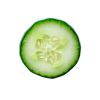 Freshly cut cucumber slice showcasing vibrant green color and juicy texture on a clean transparent background, Fresh slice cucumber on transparent background png