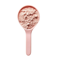 A scoop of pink whey protein powder rests on a clean transparent surface ready for mixing into a shake or smoothie, whey protein in scoop on transparent background png