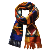 A colorful wool scarf displayed elegantly on a transparent surface, showcasing intricate patterns and warm colors, wool scarf png