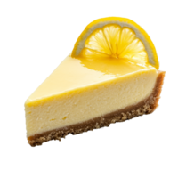 Deliciously baked lemon cheesecake slice with fresh lemon on a transparent background, baked lemon cheesecake isolated on transparent background png