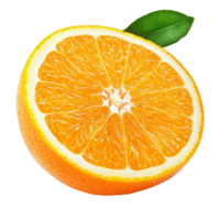 Freshly cut ripe orange citrus fruit half with green leaf isolated on transparent background, Ripe half of orange citrus fruit with leaf isolated on transparent background png