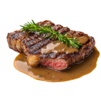 Panfried steak slice served with rich gravy and fresh rosemary on a transparent plate, slice of panfried steak, served with gravy isolated on transparent background png