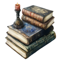 Magical books stacked with a candle, showcasing enchanted stories on a clean transparent background, Enchanted Magic Books Isolated on transparent background png